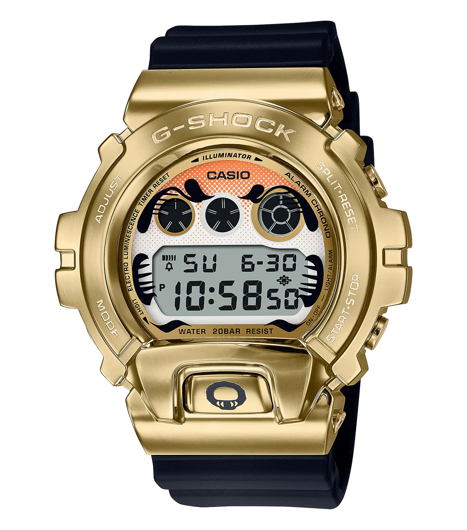 Gold Casio watch, front angle showcasing its luxurious design with metallic strap and round face, elegance in timekeeping