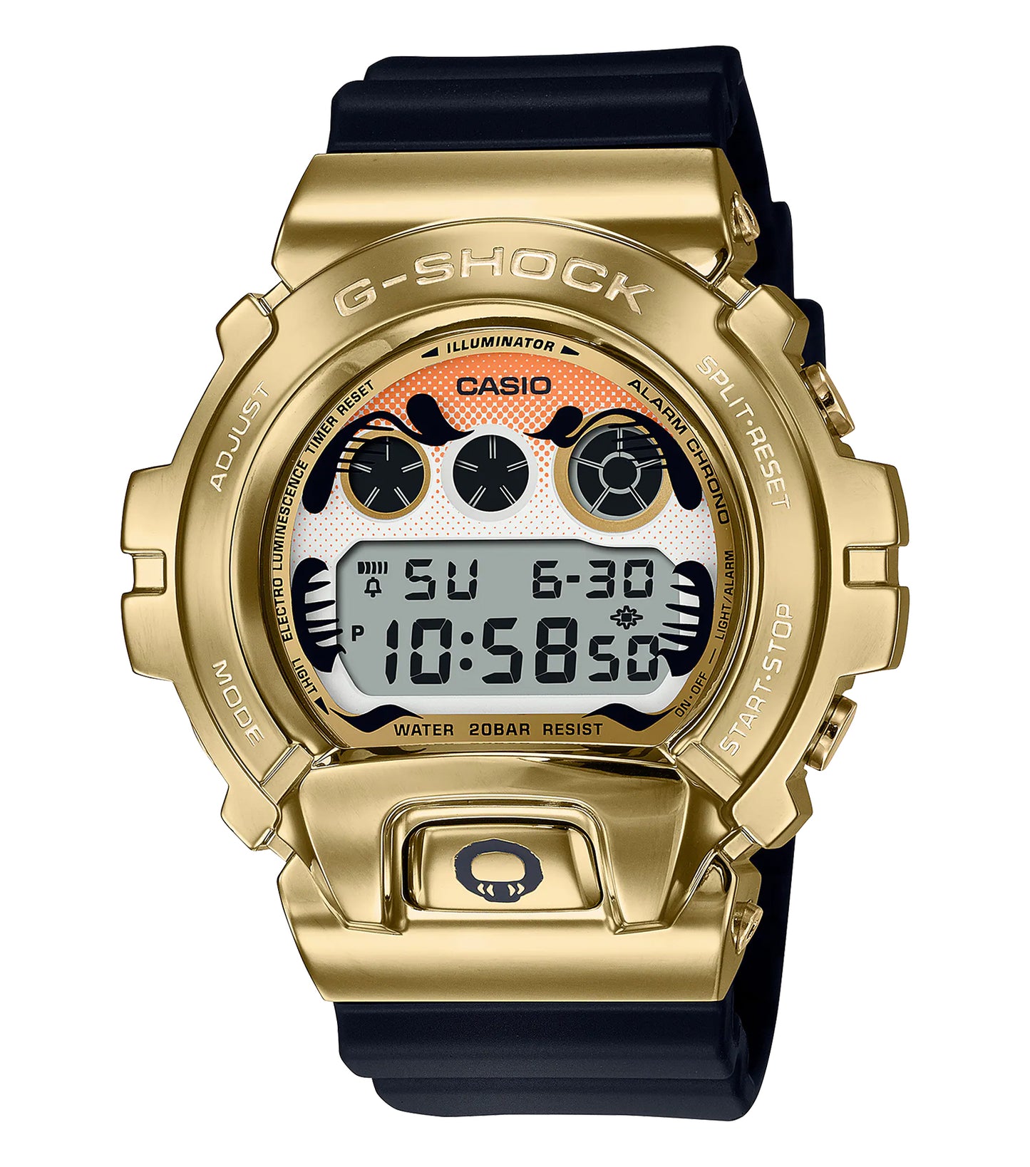 Gold Casio watch, front angle showcasing its luxurious design with metallic strap and round face, elegance in timekeeping