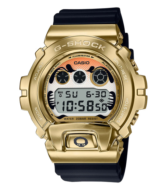 Gold Casio watch, front angle showcasing its luxurious design with metallic strap and round face, elegance in timekeeping