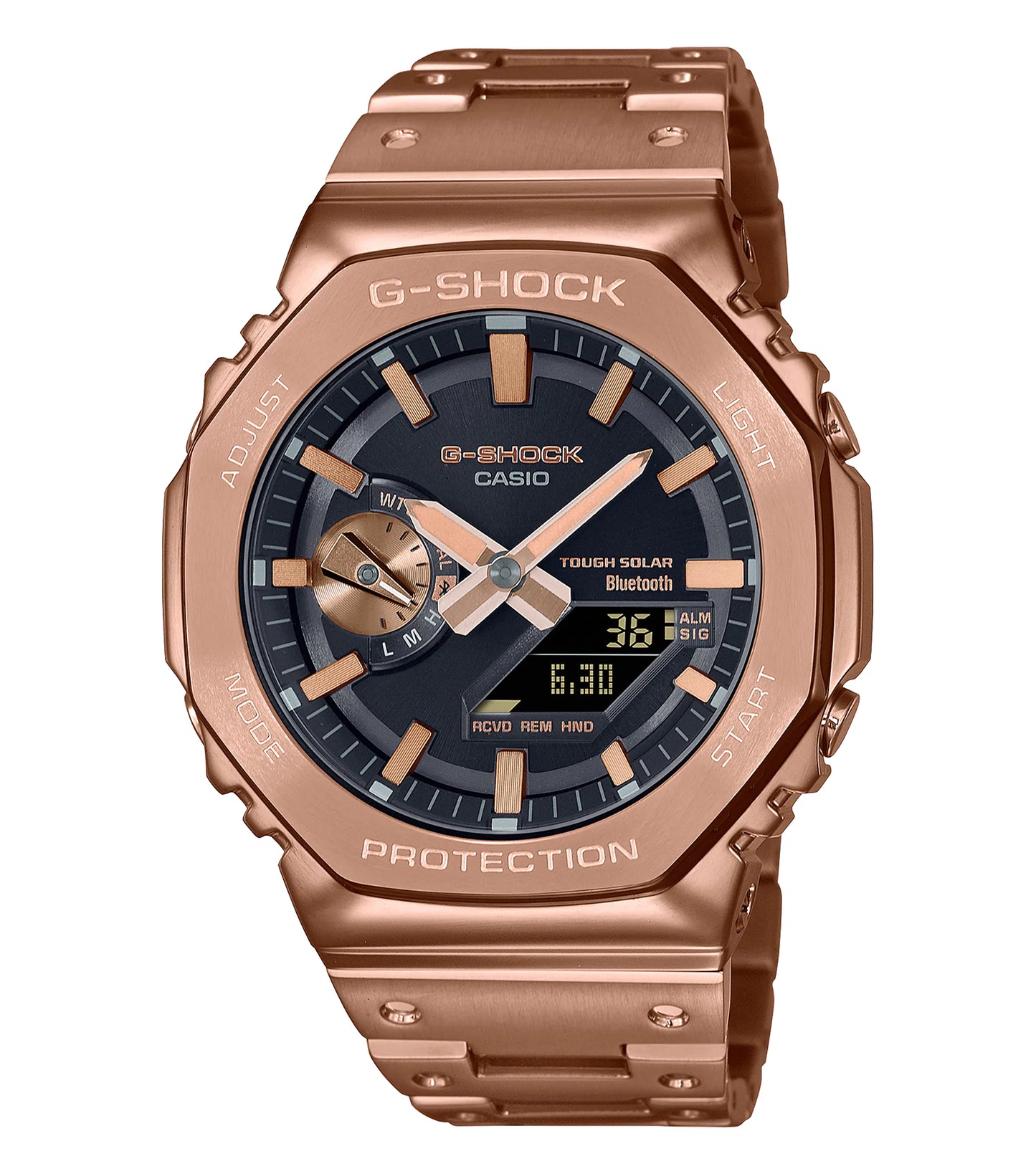 Casio gold watch at a 45-degree angle showcasing its elegant bracelet design, visible buttons, and shiny golden finish.