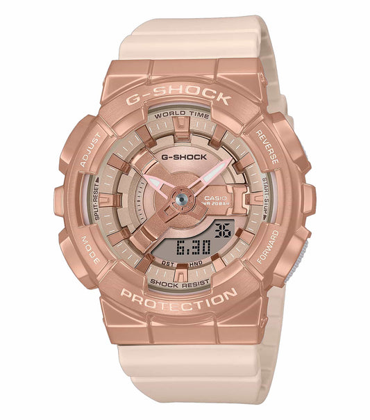 Casio watch in beige color, front angle; features stylish round dial with easygoing flow, showcasing luxury and durability.