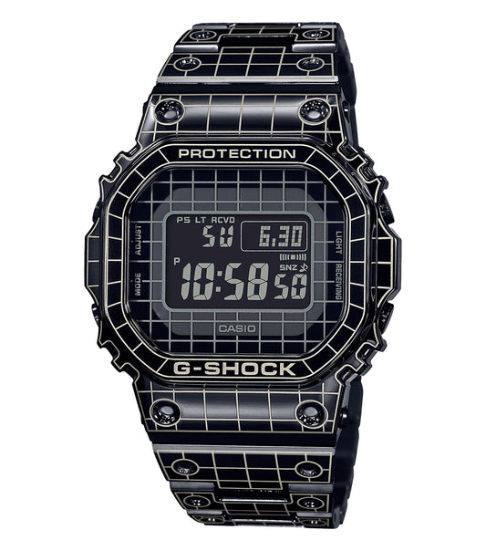 Casio black digital watch, close-up angle showcasing textured metal design and sleek black finish, embodying modern elegance.