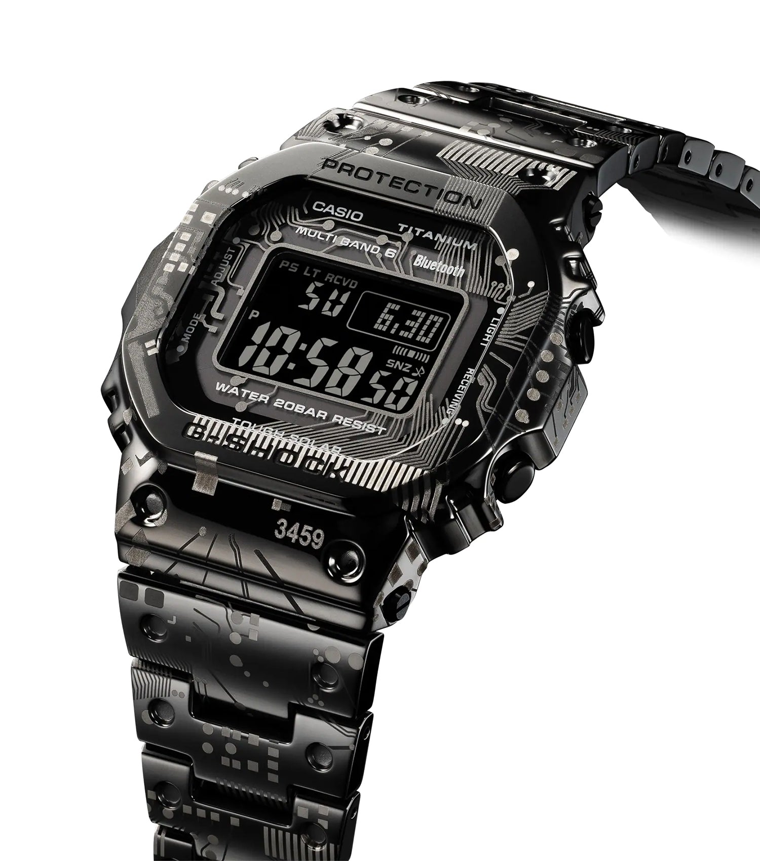 Casio black watch close-up: sleek design, modern digital display, silver accents, angled front view, timepiece passion.