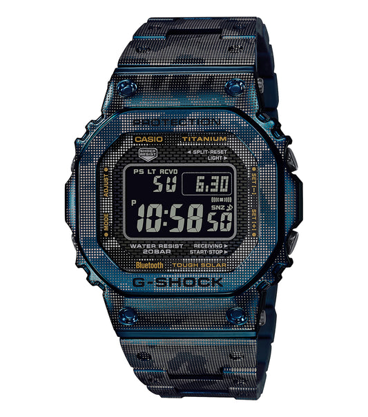 Casio blue watch, close-up angle; sleek design with geometric pattern on the strap, showcasing luxury and precision detailing.