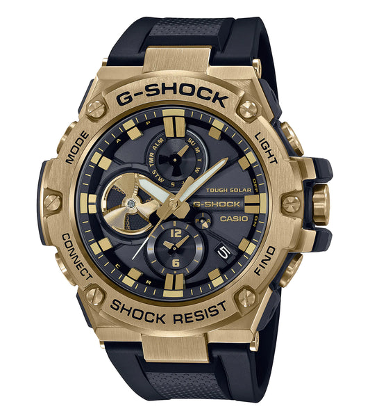 Gold Casio watch with sleek black accents, front angle showcasing intricate dial design, epitome of precision and luxury.
