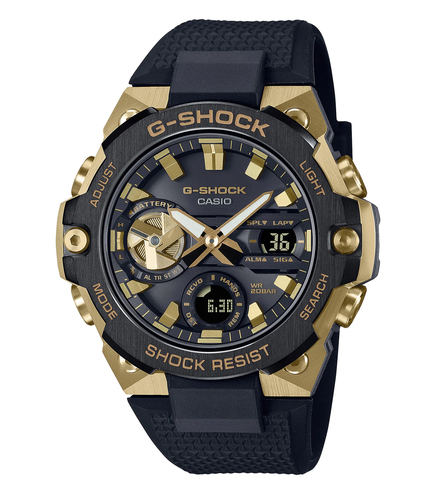 Gold Casio watch with black accents, positioned at a slight angle showcasing its elegant chamfered bezel and intricate dial design.