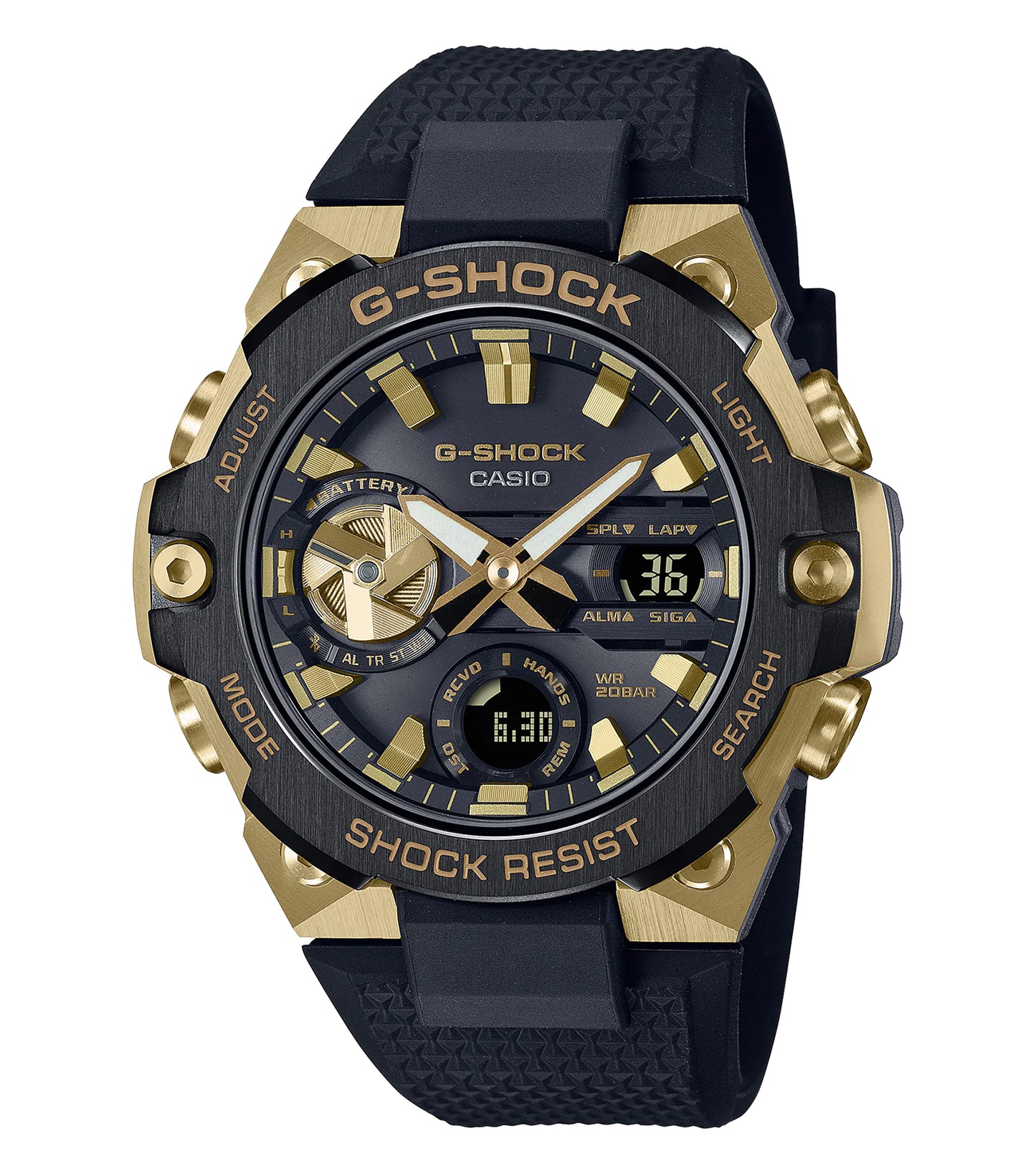 Gold Casio watch with black accents, positioned at a slight angle showcasing its elegant chamfered bezel and intricate dial design.