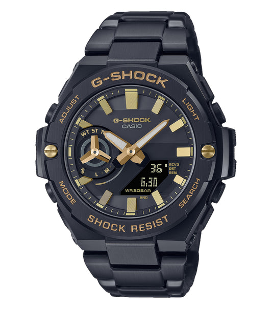 Black Casio watch, sleek design, angled front view showcasing detailed gold-accented dial, part of the G-Shock series.