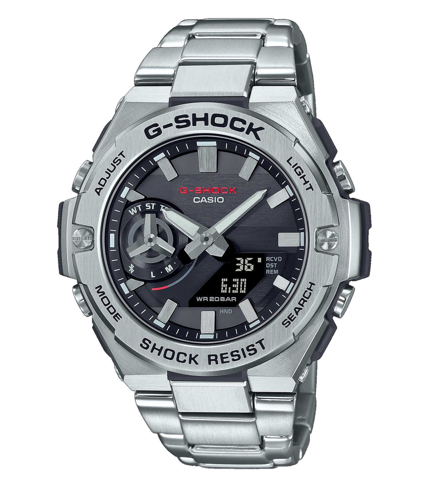 Casio stainless steel watch with intricate face design, side angle view showcasing sleek craftsmanship and modern elegance.