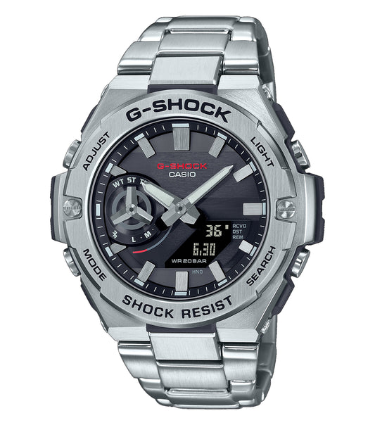Casio stainless steel watch with intricate face design, side angle view showcasing sleek craftsmanship and modern elegance.