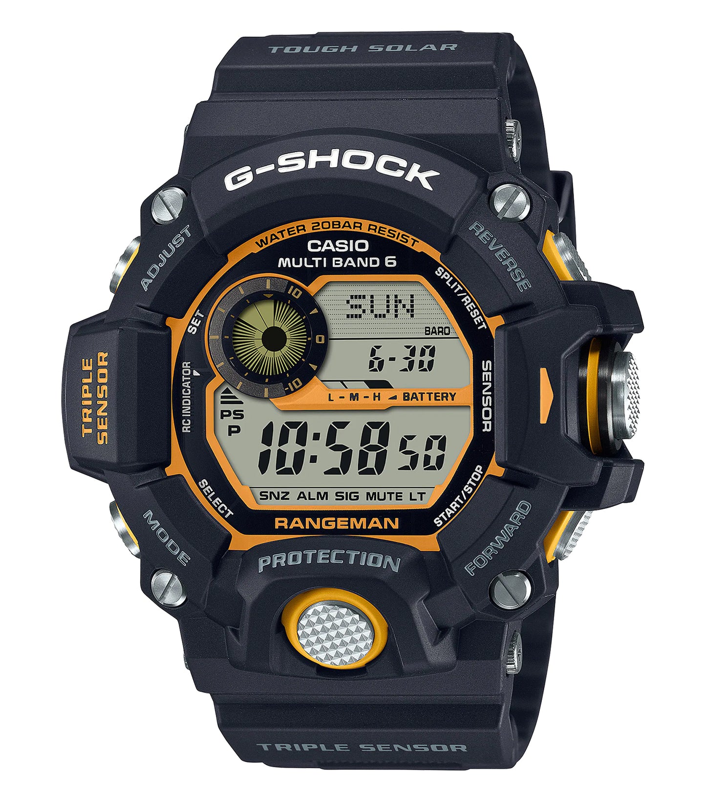 Casio black watch with digital display, angled view showing wristband and side buttons, highlighting sleek design and precision.