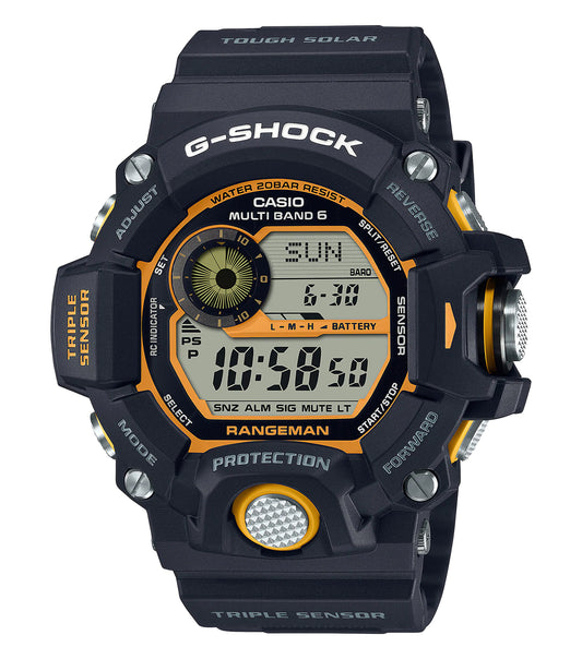 Casio black watch with digital display, angled view showing wristband and side buttons, highlighting sleek design and precision.