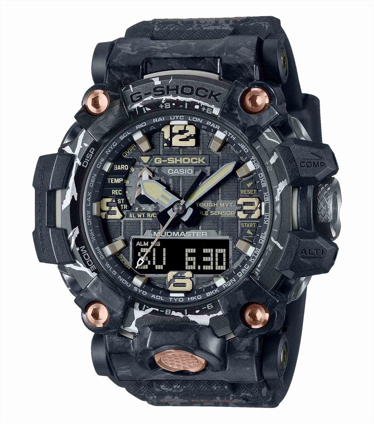 Casio black watch, front angle, robust design with intricate details, ideal for enthusiasts passionate about durable timepieces.