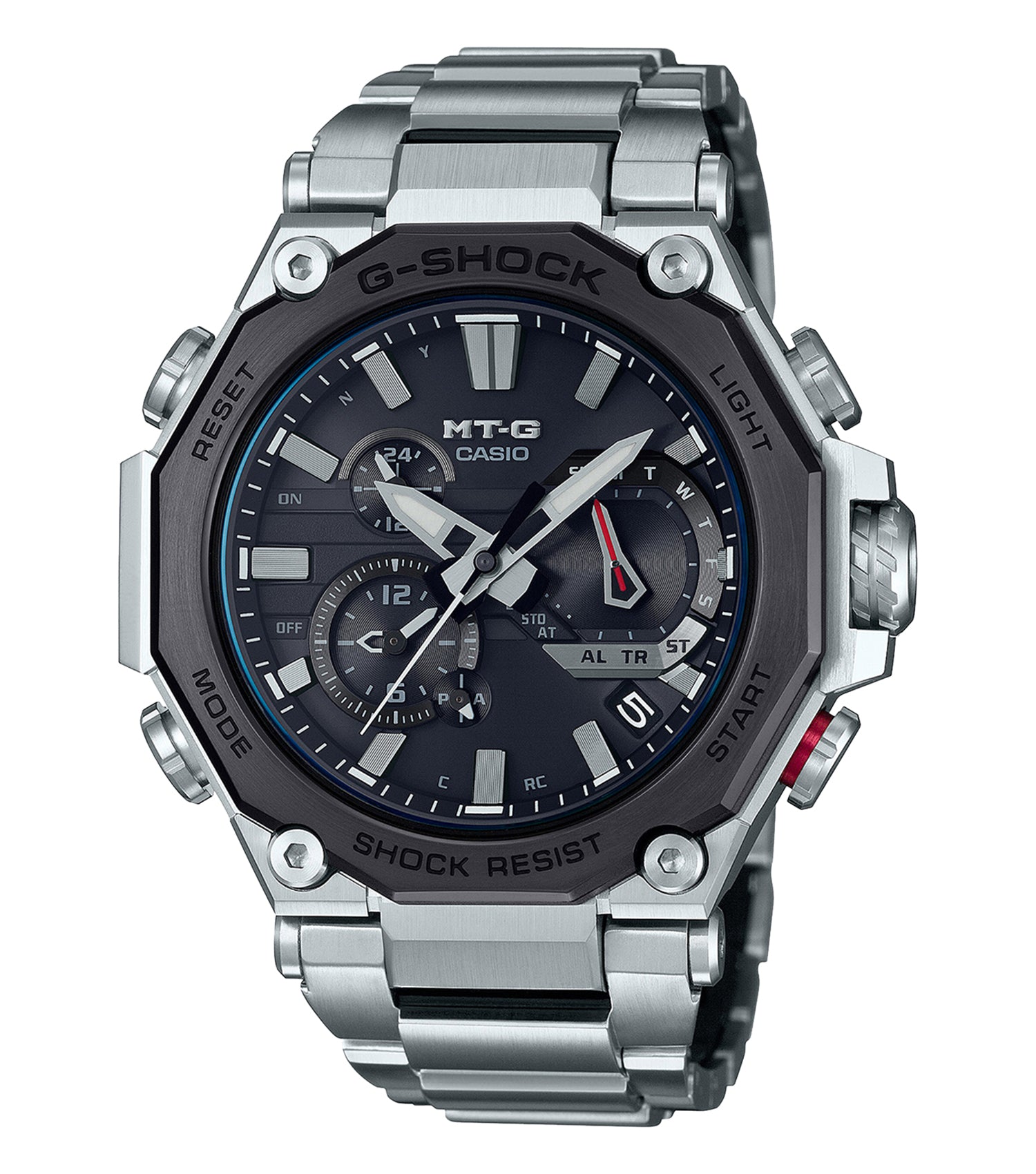 Casio black watch, MTG-B2000D-1ADR model, showcasing robust design and craftsmanship at a dynamic 50-degree angle.