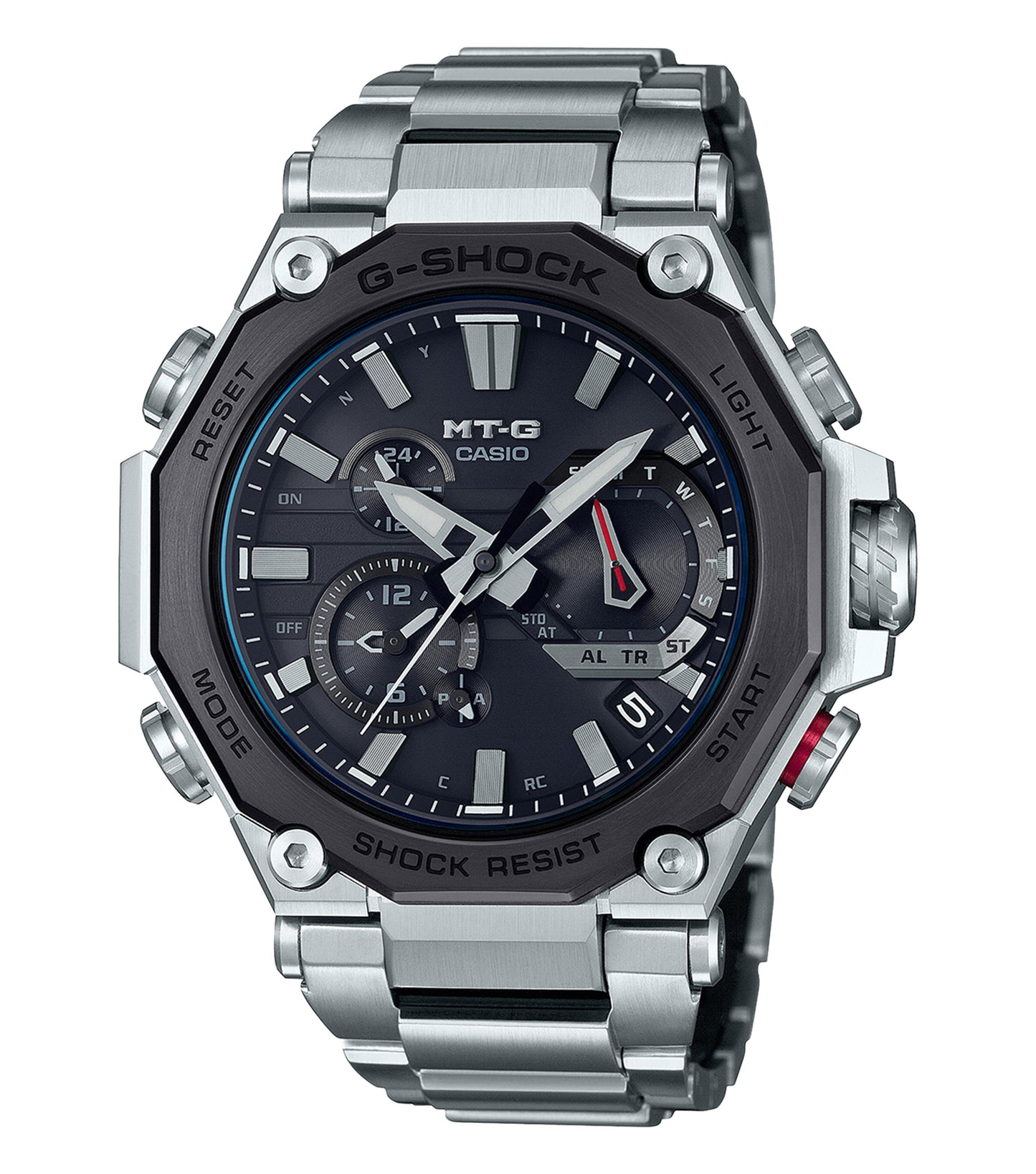 Casio black watch, MTG-B2000D-1ADR model, showcasing robust design and craftsmanship at a dynamic 50-degree angle.