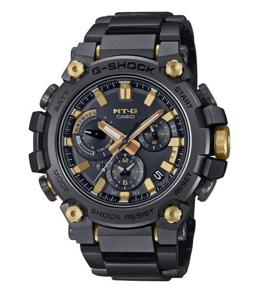 Casio black watch, sleek design, front angle showcasing intricate dial details and robust strap, perfect for style enthusiasts.