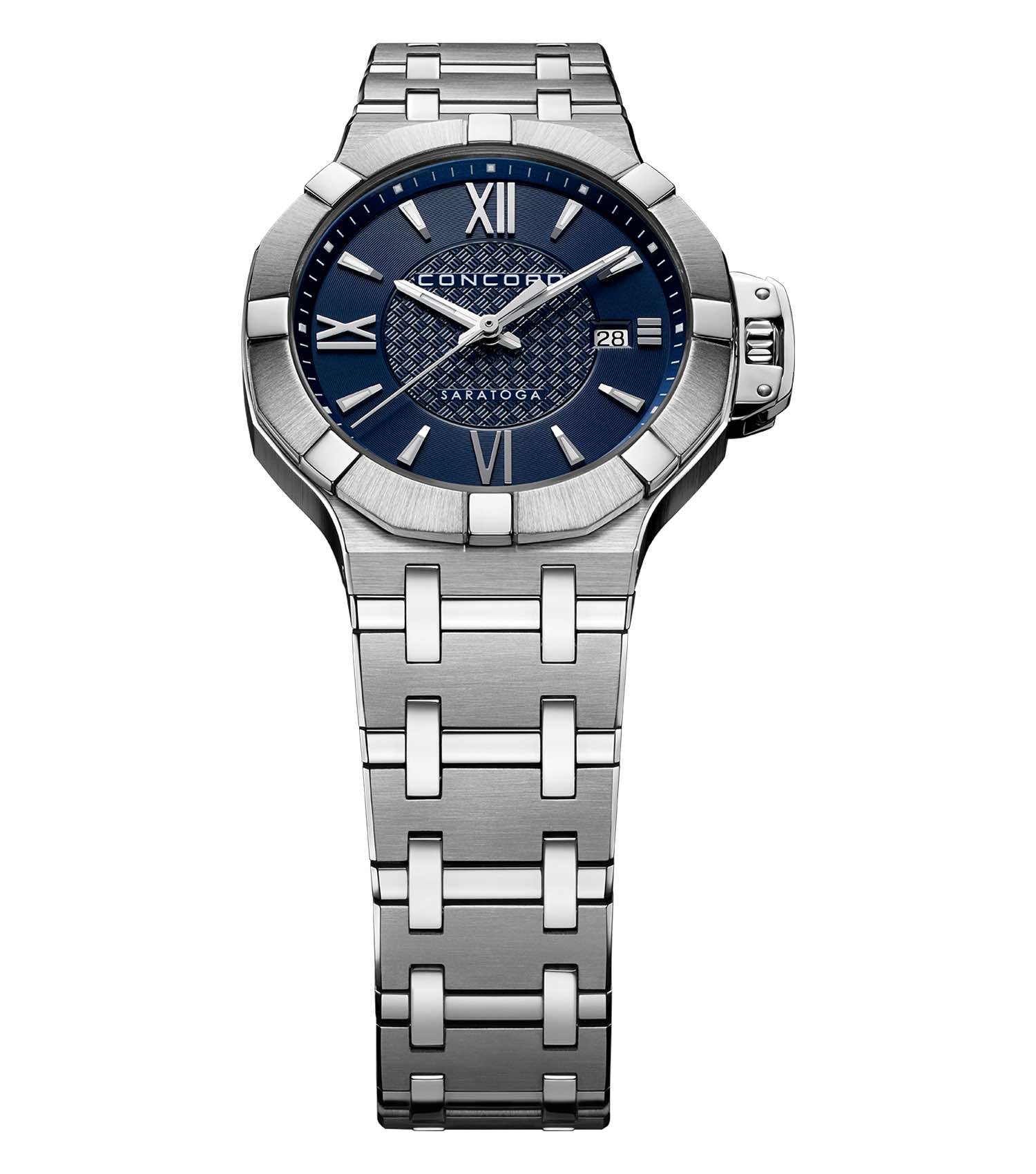 Concord's elegant blue watch showcases its sleek design in a front-facing angle, highlighting its refined silver finish.