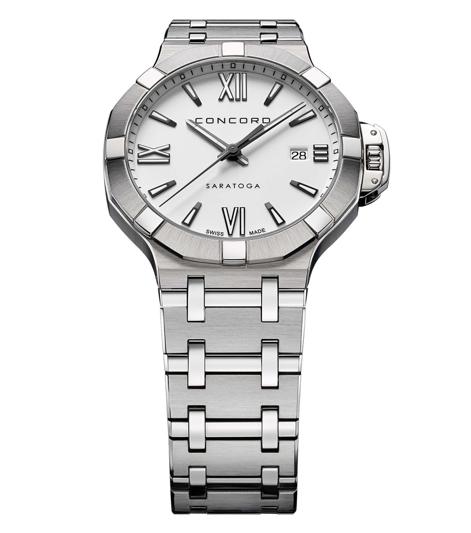 Concord white watch showcasing elegant design, silver dial, and 3 o'clock crown angle, embodying modern minimalism and craftsmanship.
