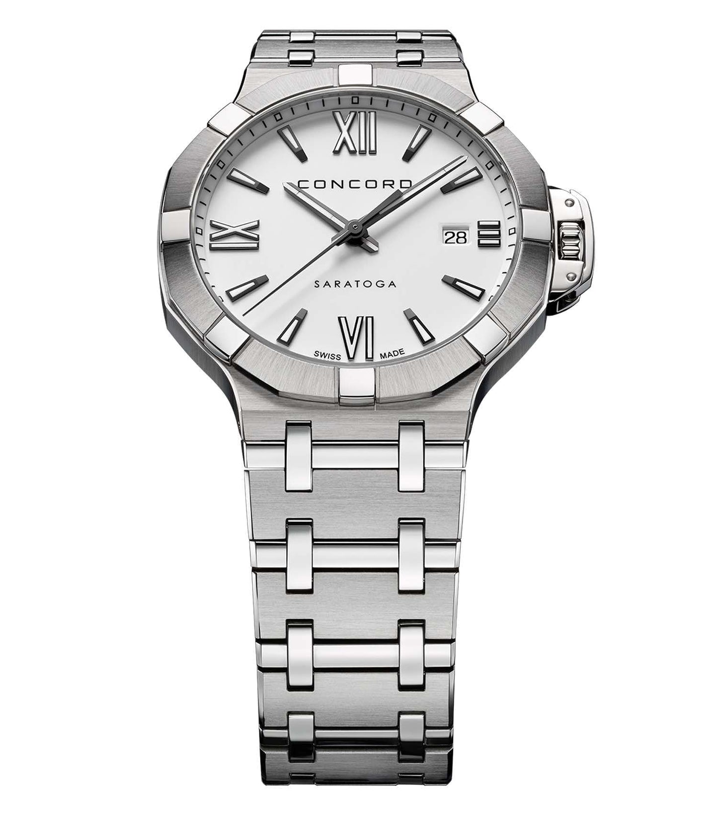 Concord white watch showcasing elegant design, silver dial, and 3 o'clock crown angle, embodying modern minimalism and craftsmanship.
