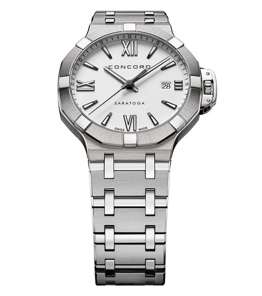 Concord white watch showcasing elegant design, silver dial, and 3 o'clock crown angle, embodying modern minimalism and craftsmanship.