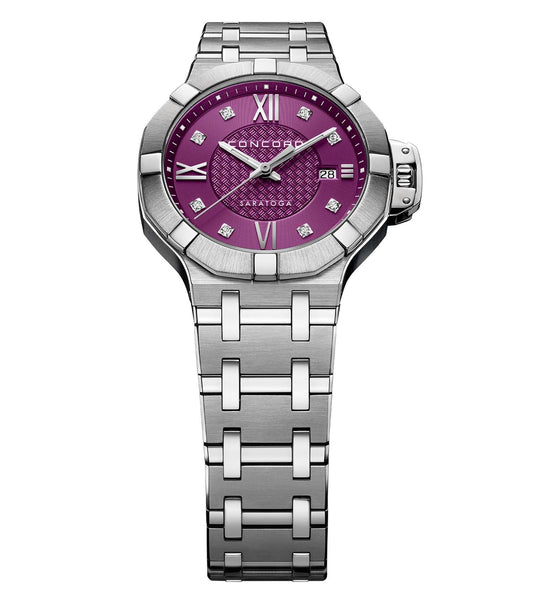Purple Concord watch with sleek design at a 45-degree angle, showcasing intricate silver detailing, perfect for the sophisticated enthusiast.