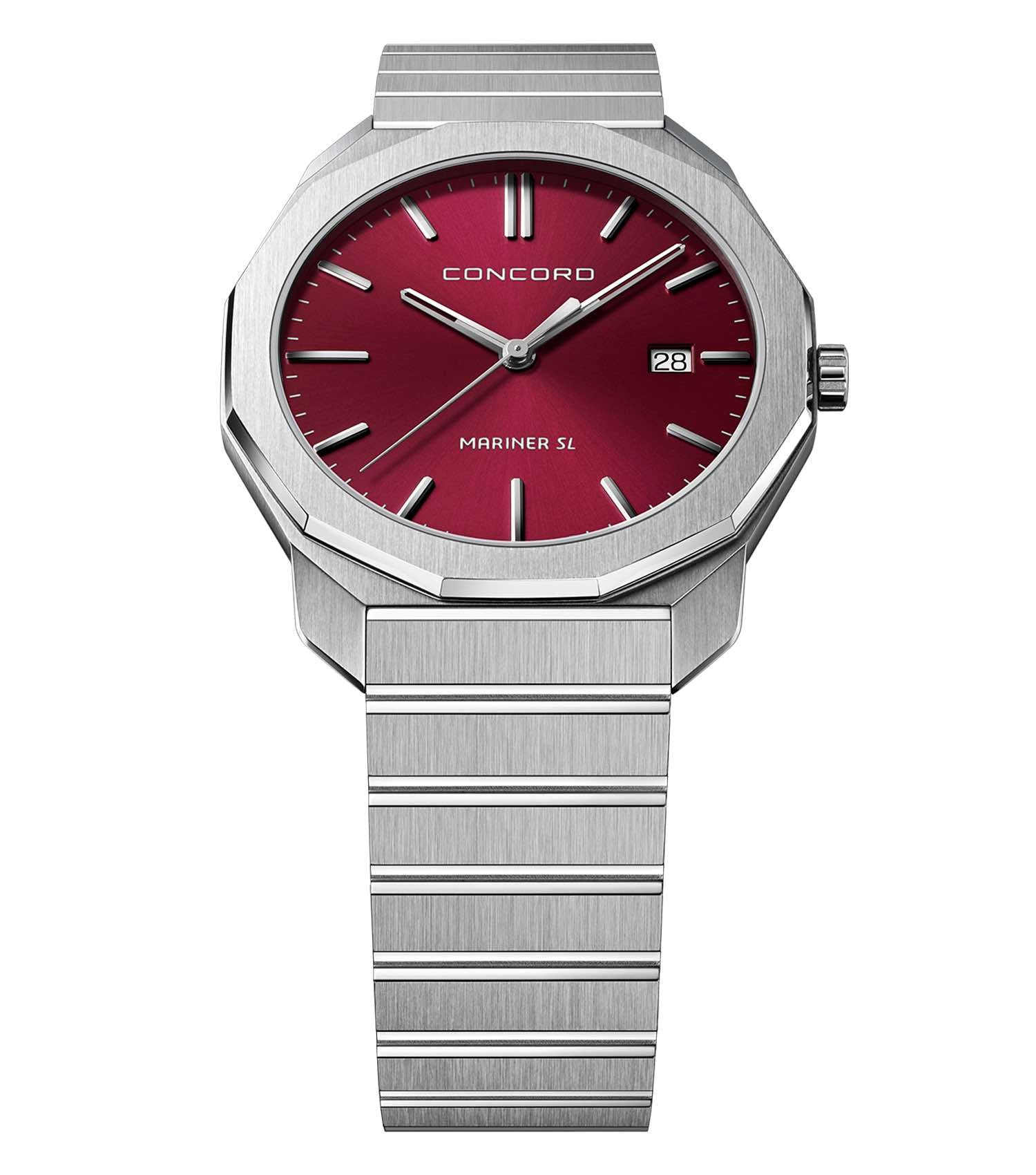 Concord watch in rich burgundy color, angled slightly to the right, showcasing the elegant silver casing and sleek design.