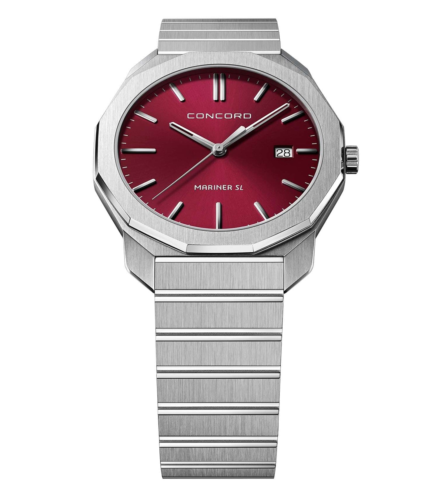 Concord watch in rich burgundy color, angled slightly to the right, showcasing the elegant silver casing and sleek design.