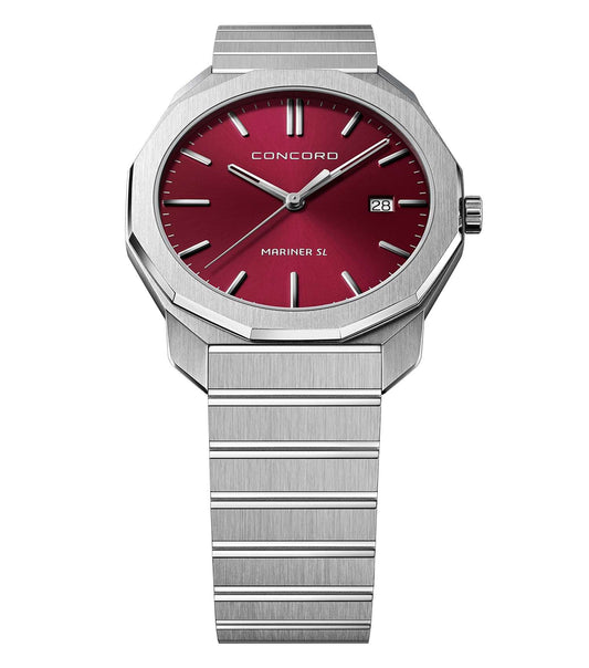 Concord watch in rich burgundy color, angled slightly to the right, showcasing the elegant silver casing and sleek design.