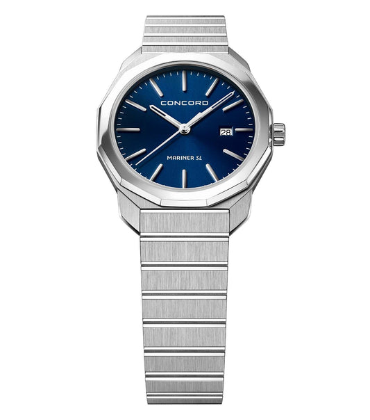 Concord watch in elegant silver, blue face, angled view showcasing sleek design, luxury timepiece for passionate watch enthusiasts.