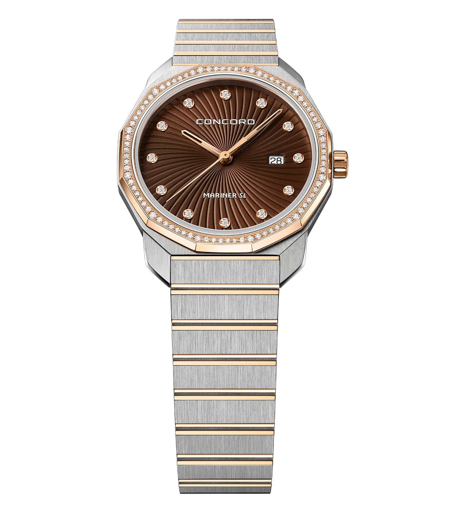 Concord luxury brown watch, front angle showcasing sleek design, metal bracelet, and classic dial; perfect for discerning watch enthusiasts.