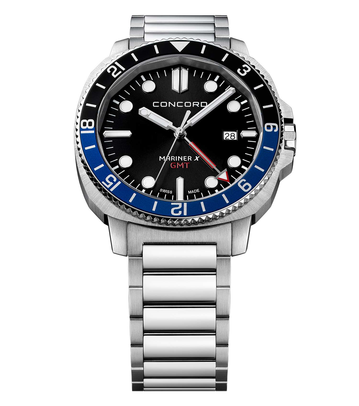 Sleek Concord black watch, silver accents, angled view highlights elegant design and craftsmanship, perfect for watch enthusiasts.