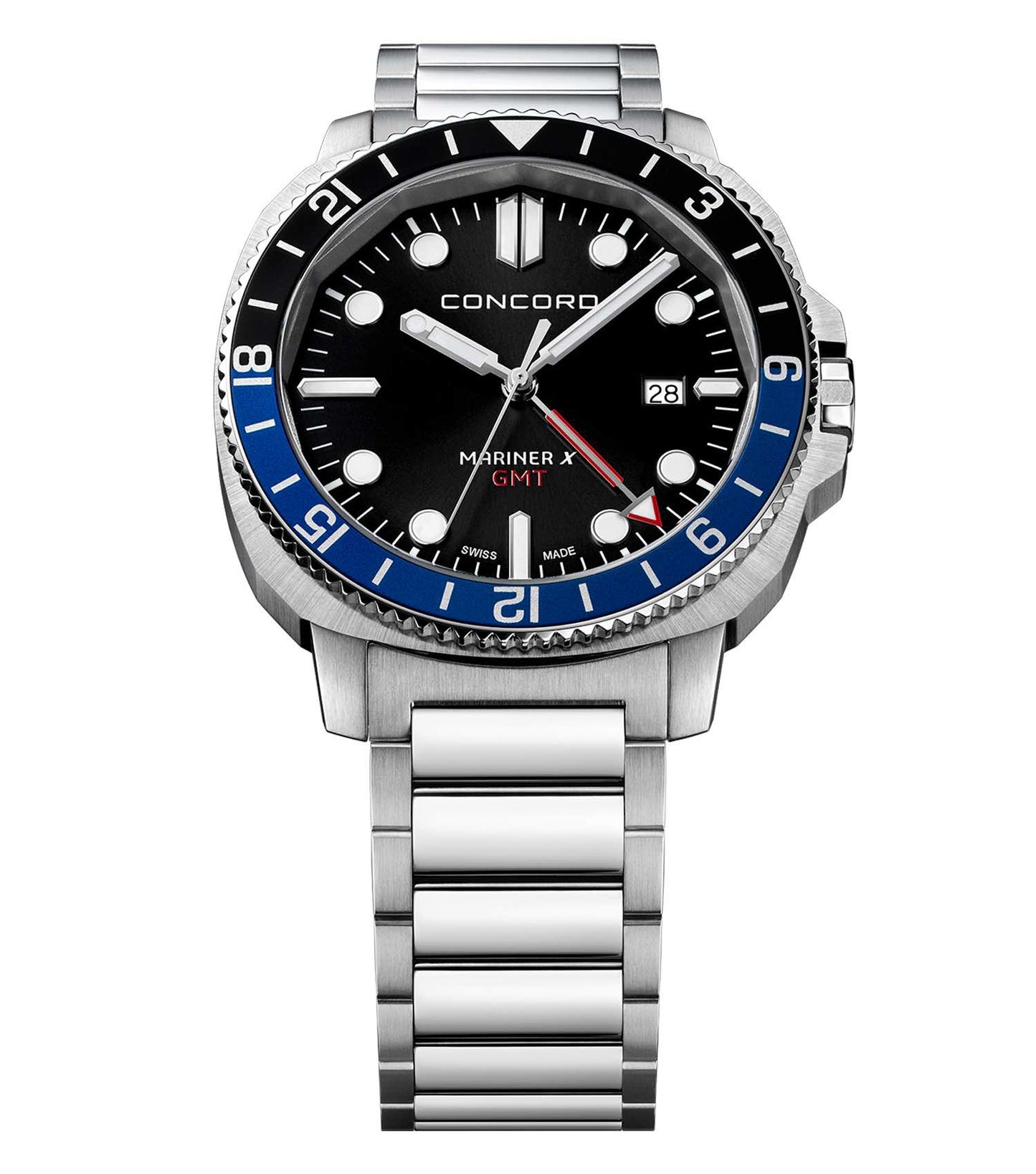 Sleek Concord black watch, silver accents, angled view highlights elegant design and craftsmanship, perfect for watch enthusiasts.