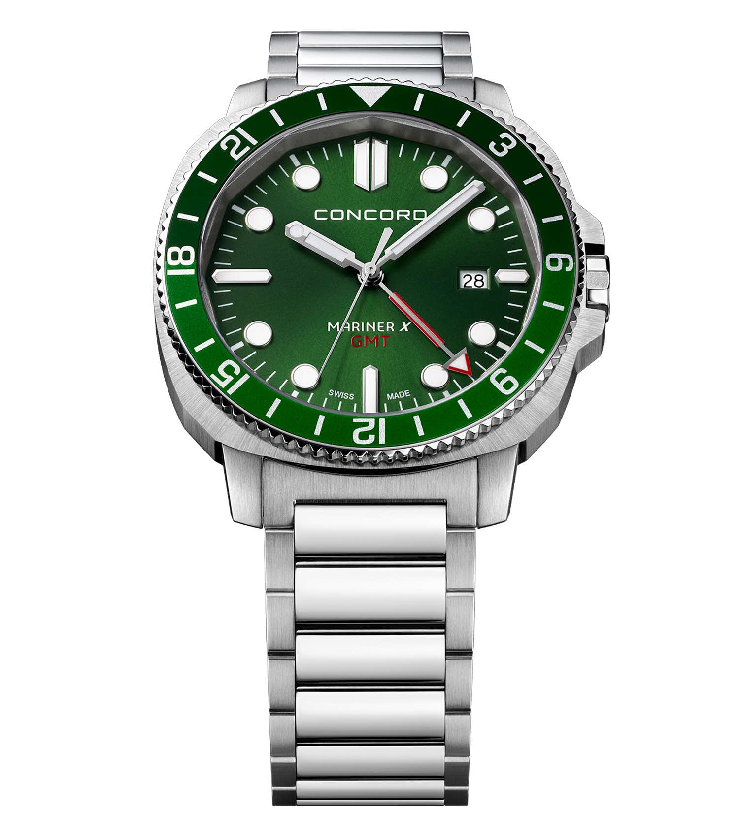 Concord green watch, flat lay angle; features sleek silver casing with minimalist design; ideal for timepiece enthusiasts.