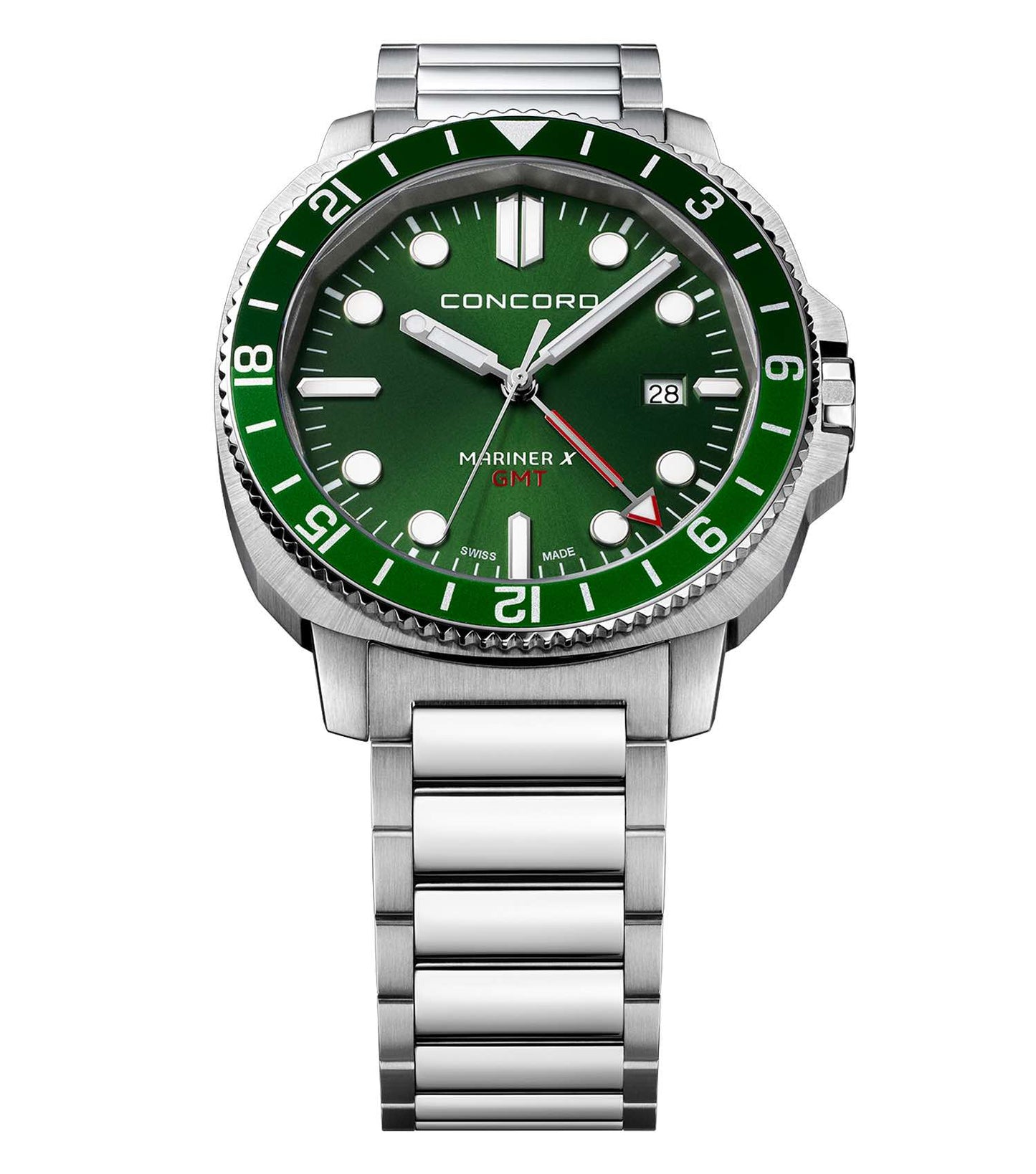 Concord green watch, flat lay angle; features sleek silver casing with minimalist design; ideal for timepiece enthusiasts.