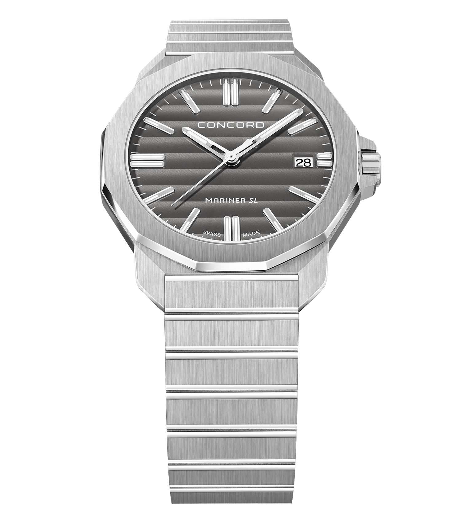 Anthracite Concord watch with silver casing, front angle view, showcasing sleek design and minimalist dial, elegance in timepieces.