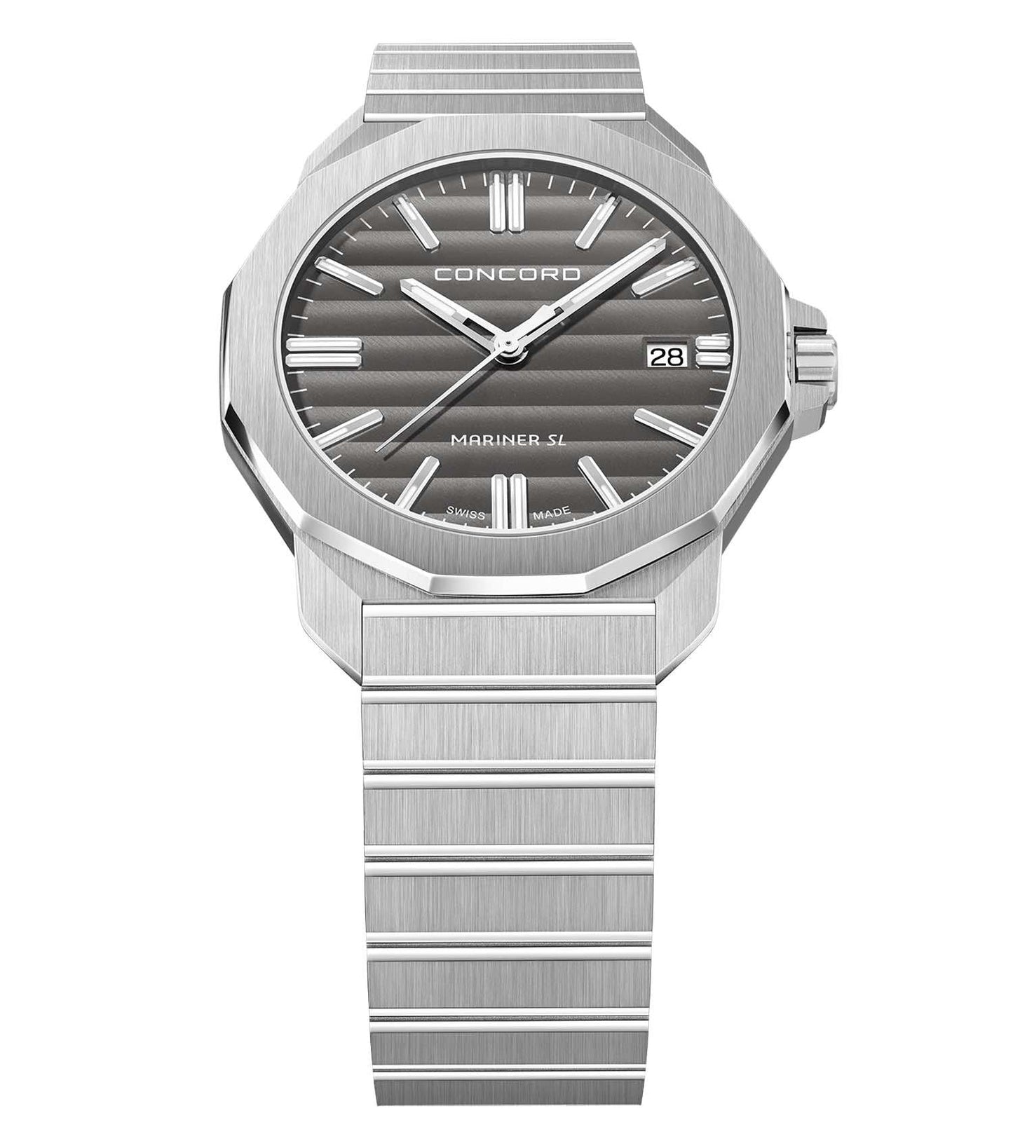 Anthracite Concord watch with silver casing, front angle view, showcasing sleek design and minimalist dial, elegance in timepieces.
