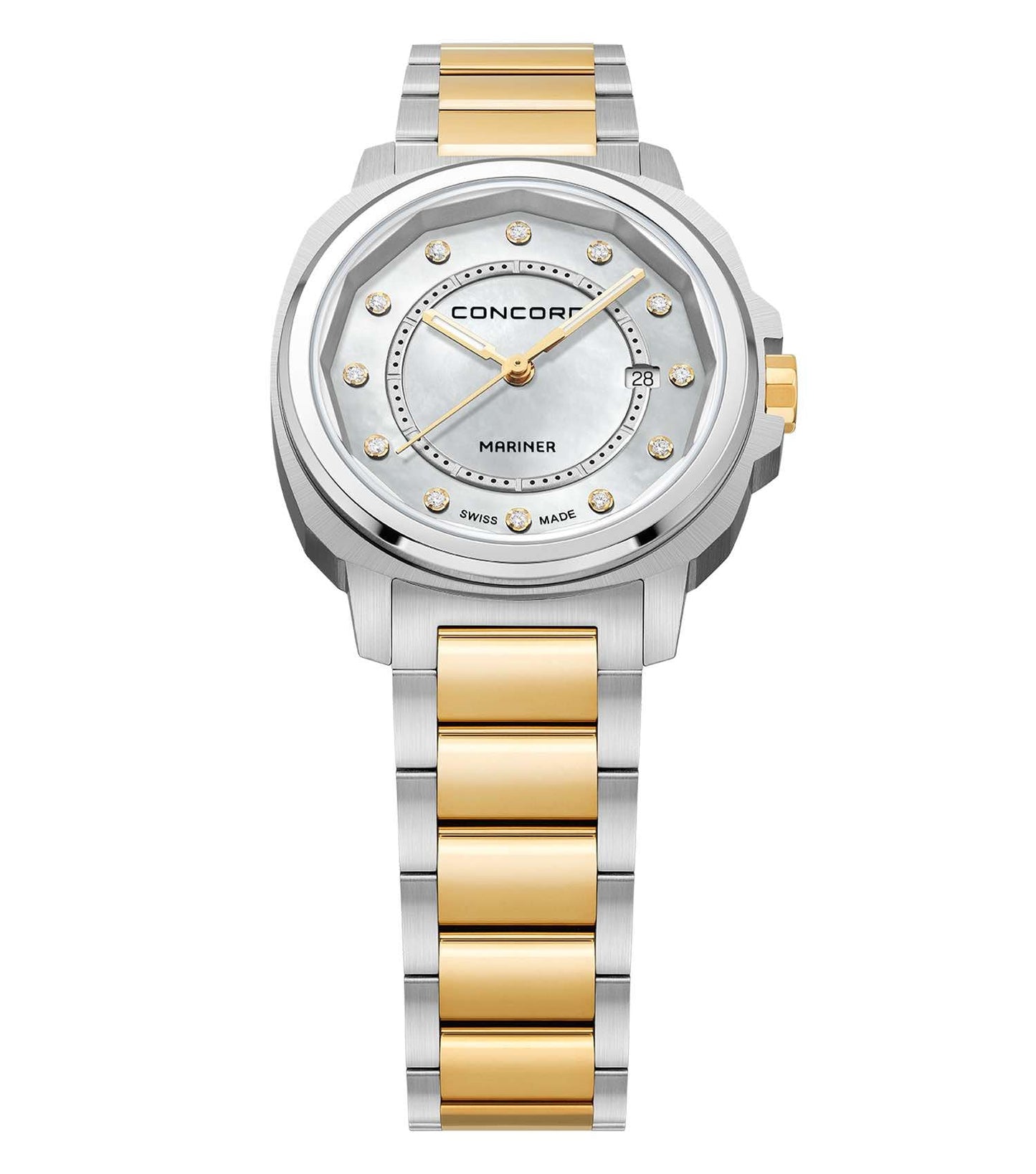 Concord white and gold-tone watch, elegant design with white dial, showcasing at a slight angle to highlight its refined style.
