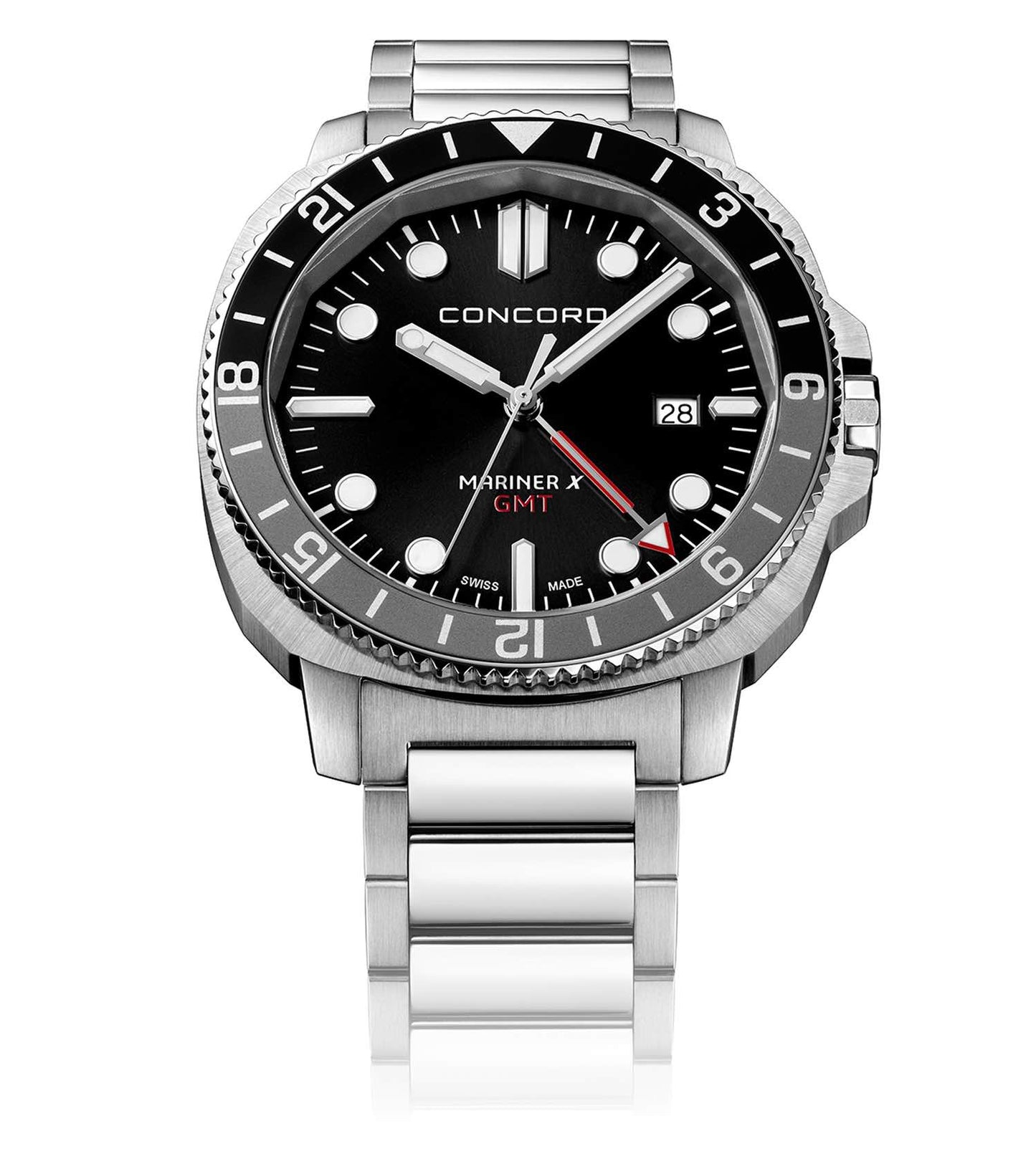 Concord watch in silver on a 45-degree angle; simple and sophisticated design showcasing sleek metal bracelet and round dial.