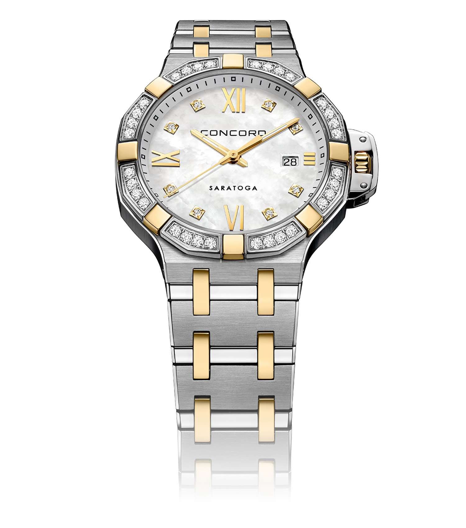 Concord watch, elegant white design, showcasing two-tone accents, displayed flat with face-up angle, highlighting luxurious craftsmanship.