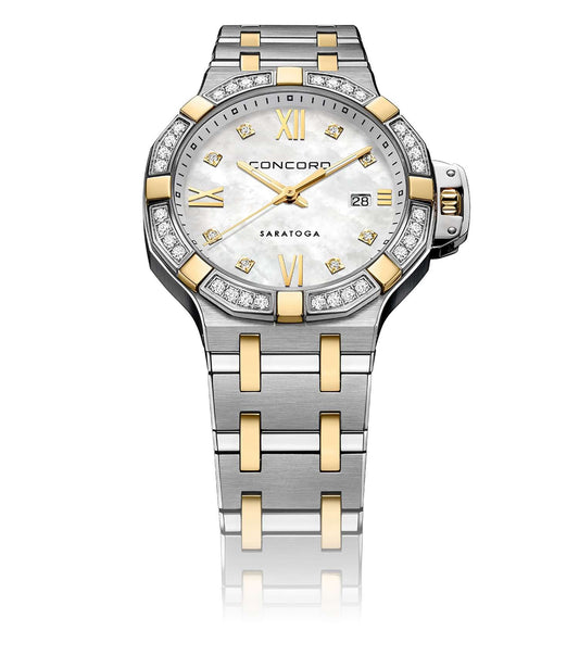 Concord watch, elegant white design, showcasing two-tone accents, displayed flat with face-up angle, highlighting luxurious craftsmanship.