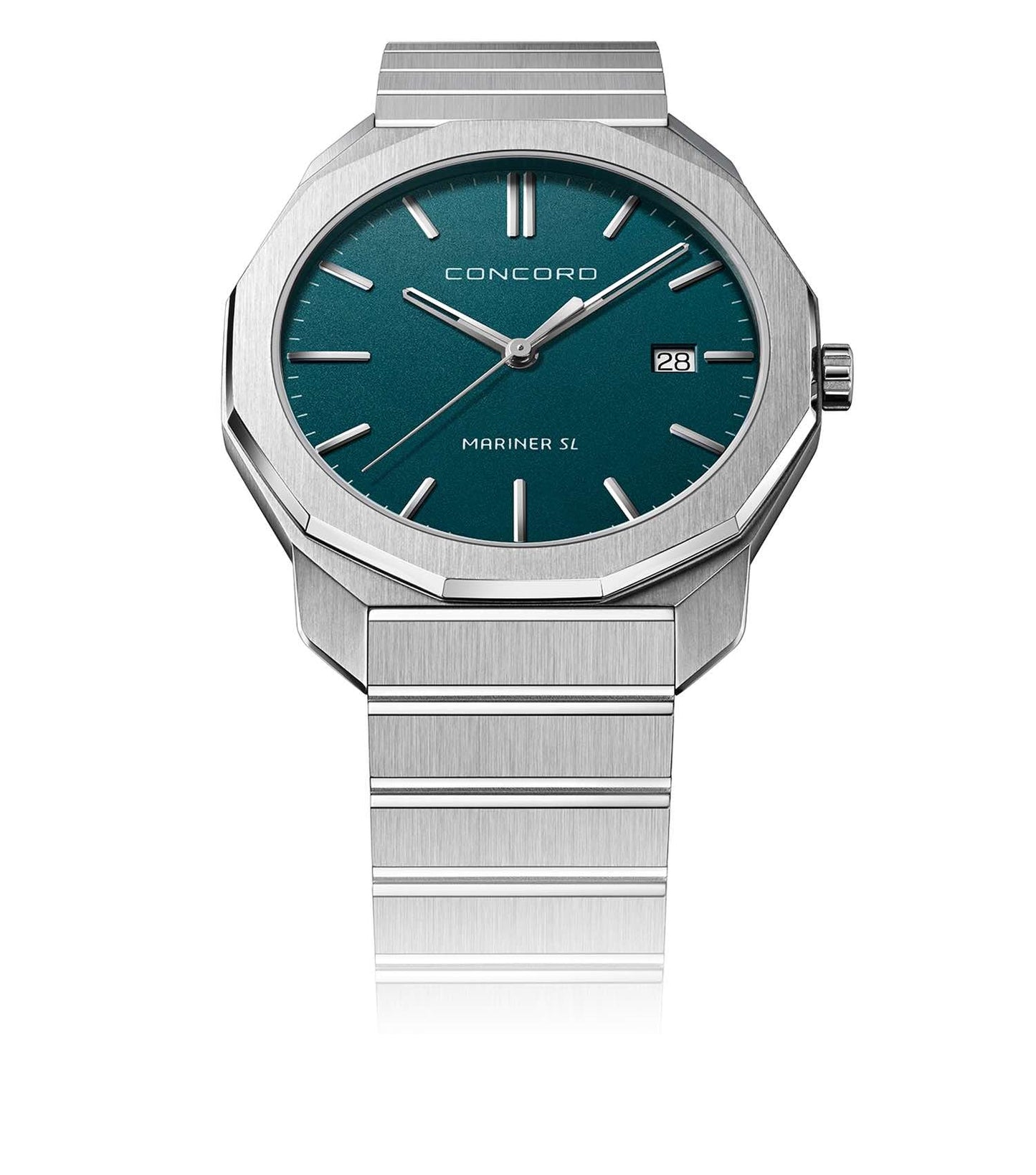 Concord watch in petroleum color, silver case, easygoing flow design captured from a top-down angle, showcasing luxury and precision craftsmanship.