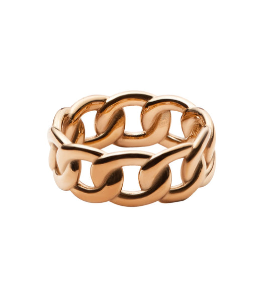 Elegant Daniel Wellington gold-tone ring on white background, showcasing the round, polished design and detailed texture, top-down view.