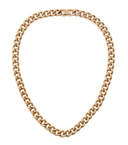 Elegant gold Daniel Wellington necklace at a side angle, showcasing its sleek design and chic charm perfect for style enthusiasts.
