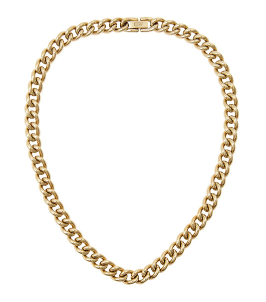Gold-tone Daniel Wellington necklace, front view; sleek, minimalist design with a subtle brand engraving, perfect for elegant styling.