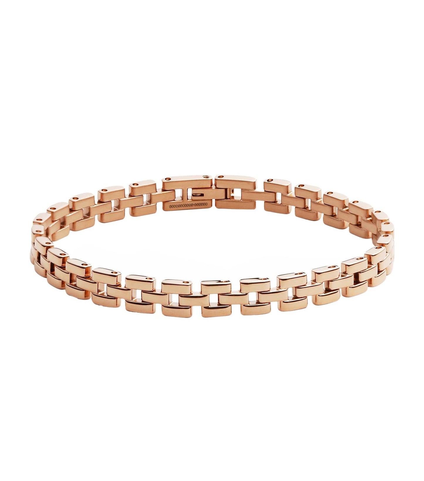 Rose gold Daniel Wellington bracelet, elegantly curved side view, showcasing sleek minimalist design and refined craftsmanship.