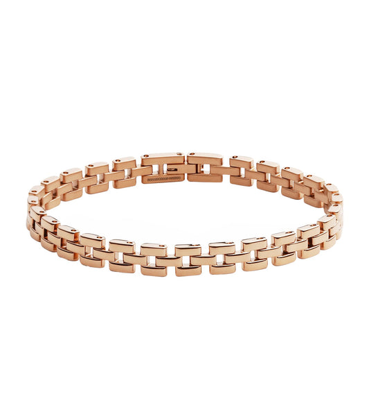 Rose gold Daniel Wellington bracelet, elegantly curved side view, showcasing sleek minimalist design and refined craftsmanship.