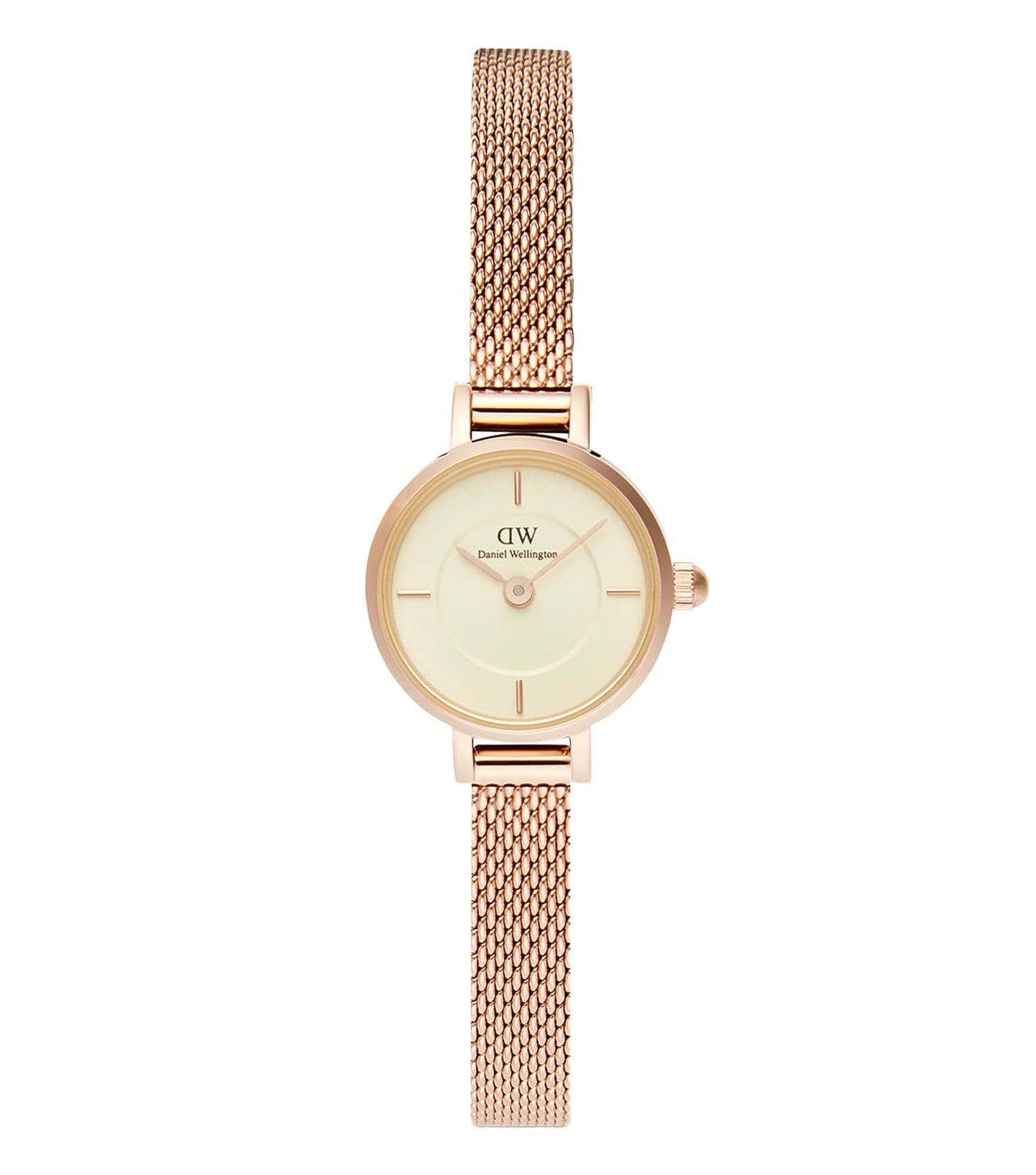Champagne color Daniel Wellington ring shown from a front angle, featuring smooth curves, sleek design, and a polished finish.