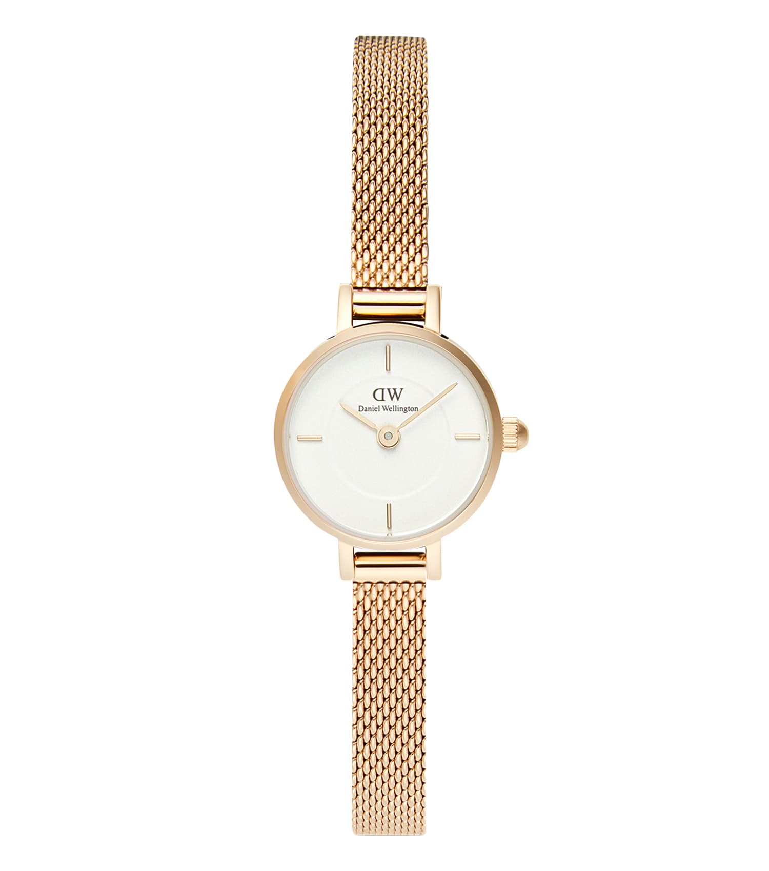 Elegant white Daniel Wellington watch with a round face, leather strap, and gold accents showcased in a front-facing angle.