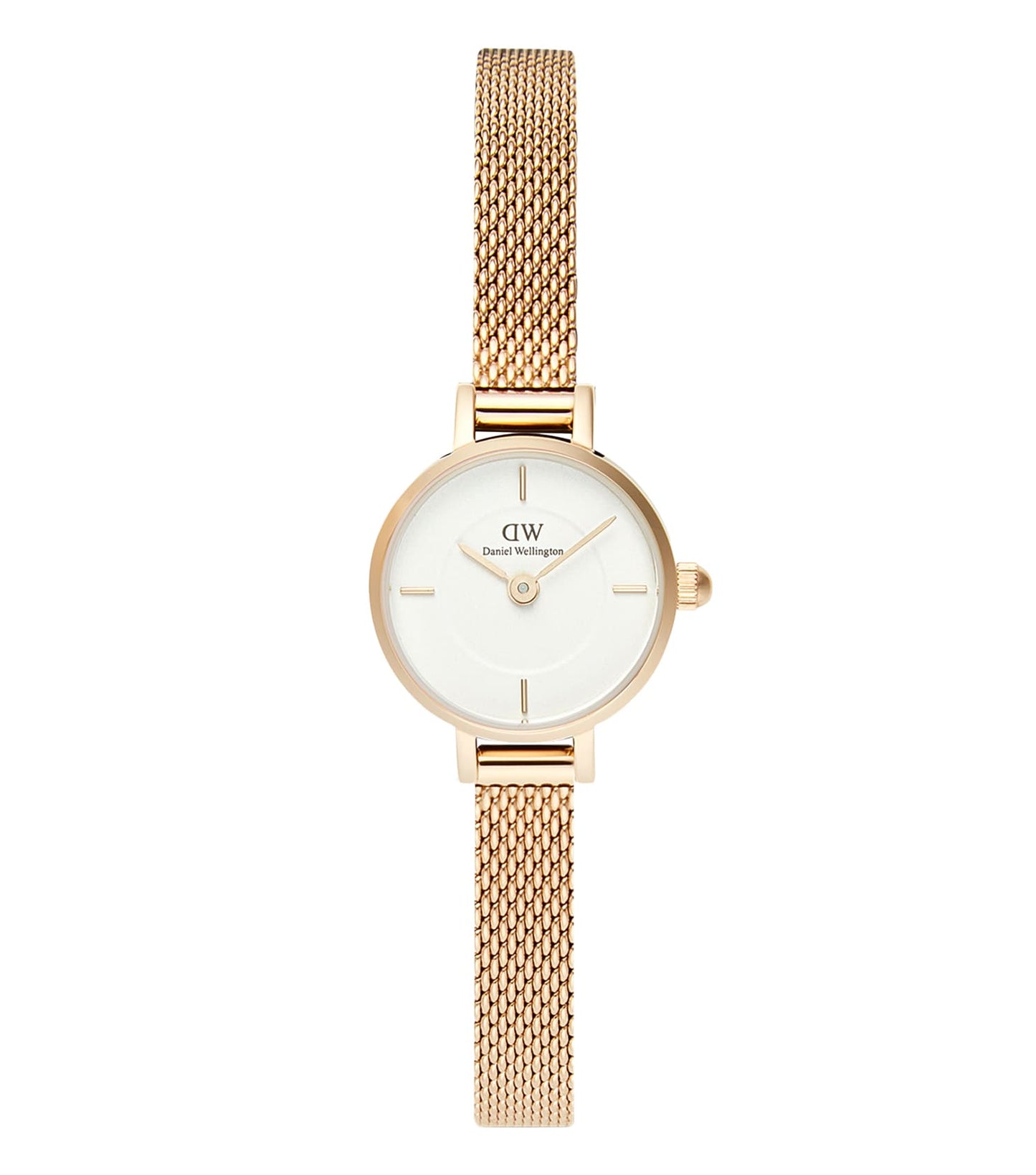 Elegant white Daniel Wellington watch with a round face, leather strap, and gold accents showcased in a front-facing angle.