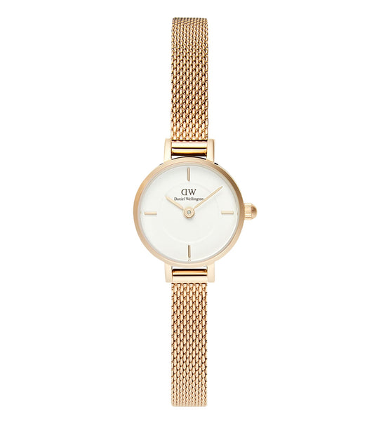 Elegant white Daniel Wellington watch with a round face, leather strap, and gold accents showcased in a front-facing angle.